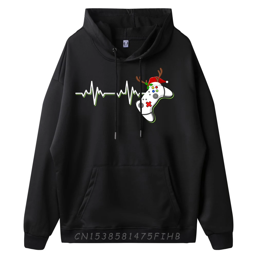 Funny Reindeer Santa Hat Video Gamer Heartbeat Christmas Hoodie Men Polyester Skin-Friendly New In Tops & Tees Harajuku