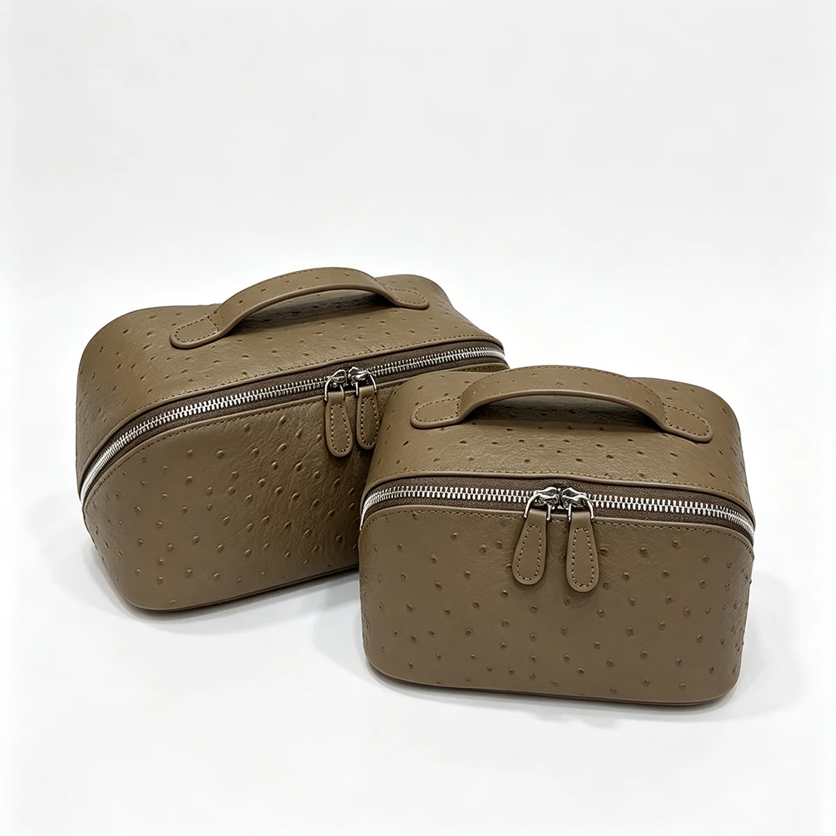Echte Rindsleder-Kosmetiktasche mit Straußenmuster, Tragbare Reisetasche für Make-up und Toilettenartikel mit Reißverschluss – Detail 6