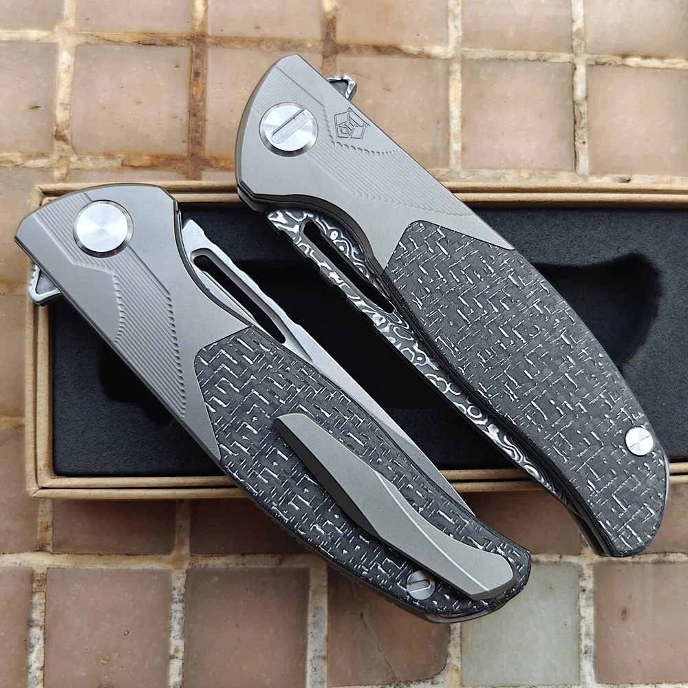 Damascus/Mark M390 Ceramic Bearing Titanium Carbon Fiber Tactical Camp Hunt EDC Tool Folding Blade Knife
