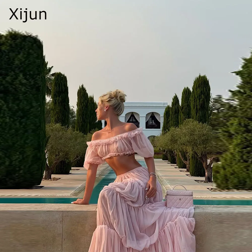 Xijun Elegant Pink Chiffon Evening Dresses Off The Shoulder Two-Pieces Long Prom Dresses A-Line Pleated Prom Gowns Customized