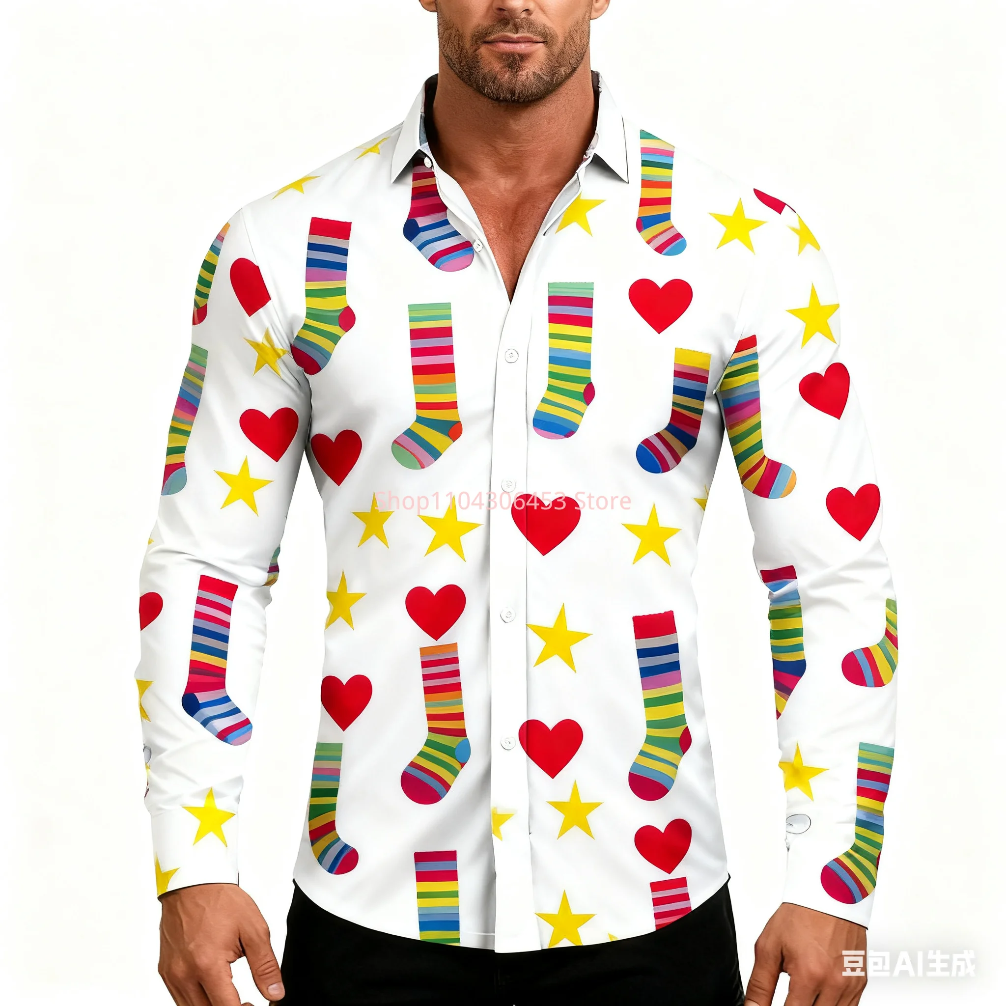 New Style Men's Christmas Themed Shirt 3D Print Santa Men's Casual Festive Long-sleeved Shirt Outdoor New Year Clothing Top