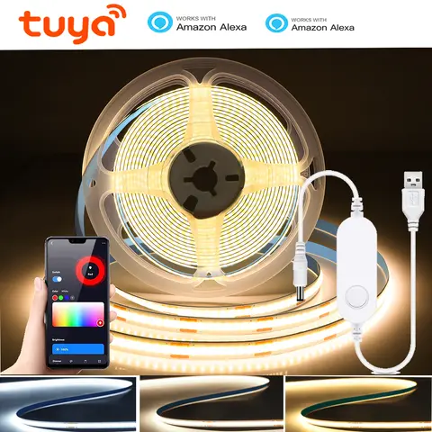 USB 5V Tuya COB LED 스트립 wifi 빛 1-5m 따뜻한/자연 흰색 유연한 디 밍이 가능한 조명 320leds/m 홈 장식 Alexa Google