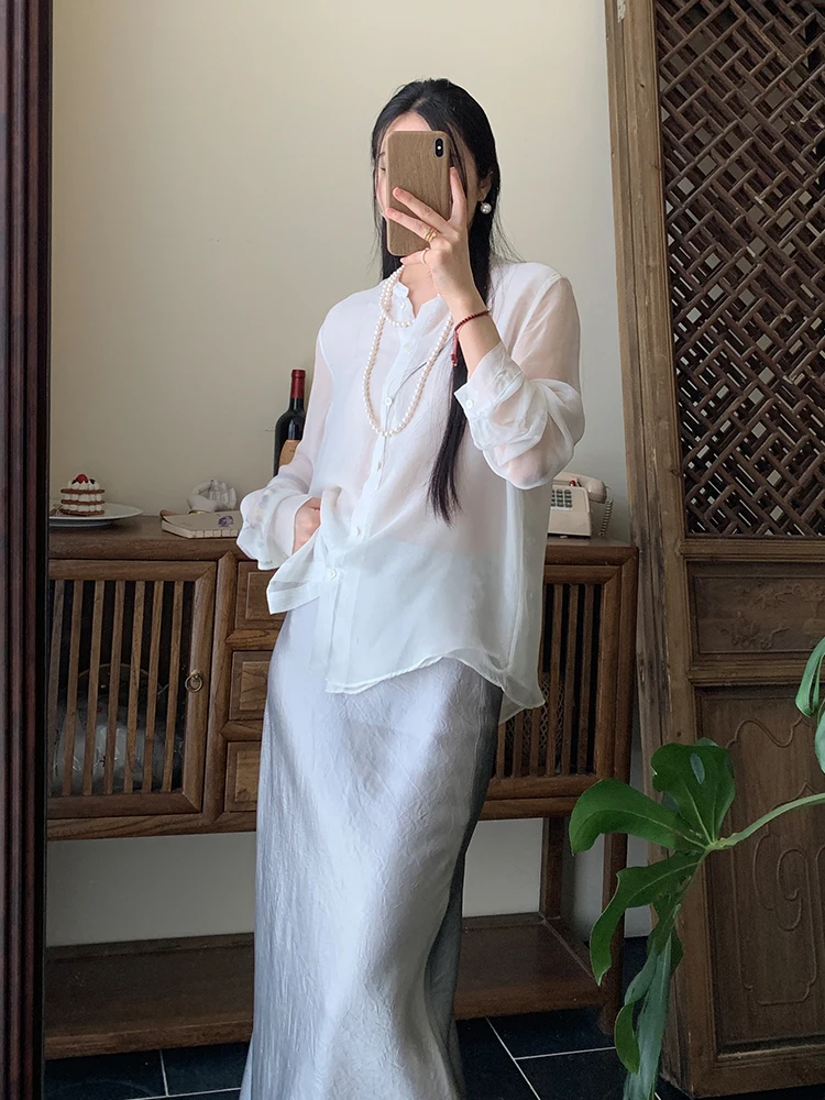 

Ele Silk irt French Sle Straight Cut Long Sve arp Collar Pure Color Double Layer Dir Dye Gossamer Artistic Beau