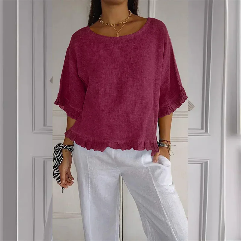 Women Solid Color Cotton Linen Half Sleeve Ruffle Hem Shirt O Neck Pullover Loose Blouse Summer Korean Daily Casual Female Tops