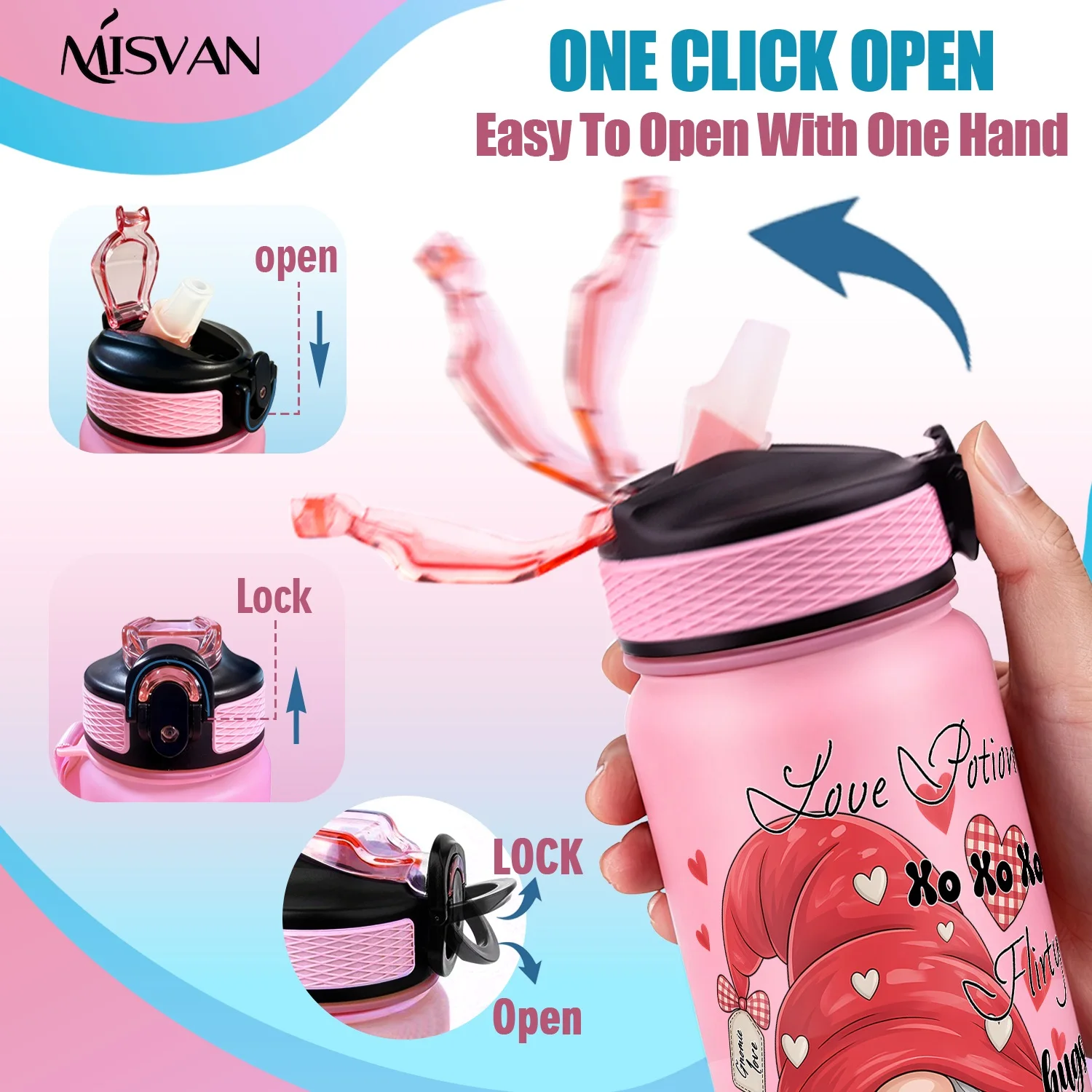 1개, 하트 봉투 발렌타인 디자인의 사랑의 노움, 32온스 그라데이션 물병-누수 방지, HD 비탈락 패턴, 완벽한 선택