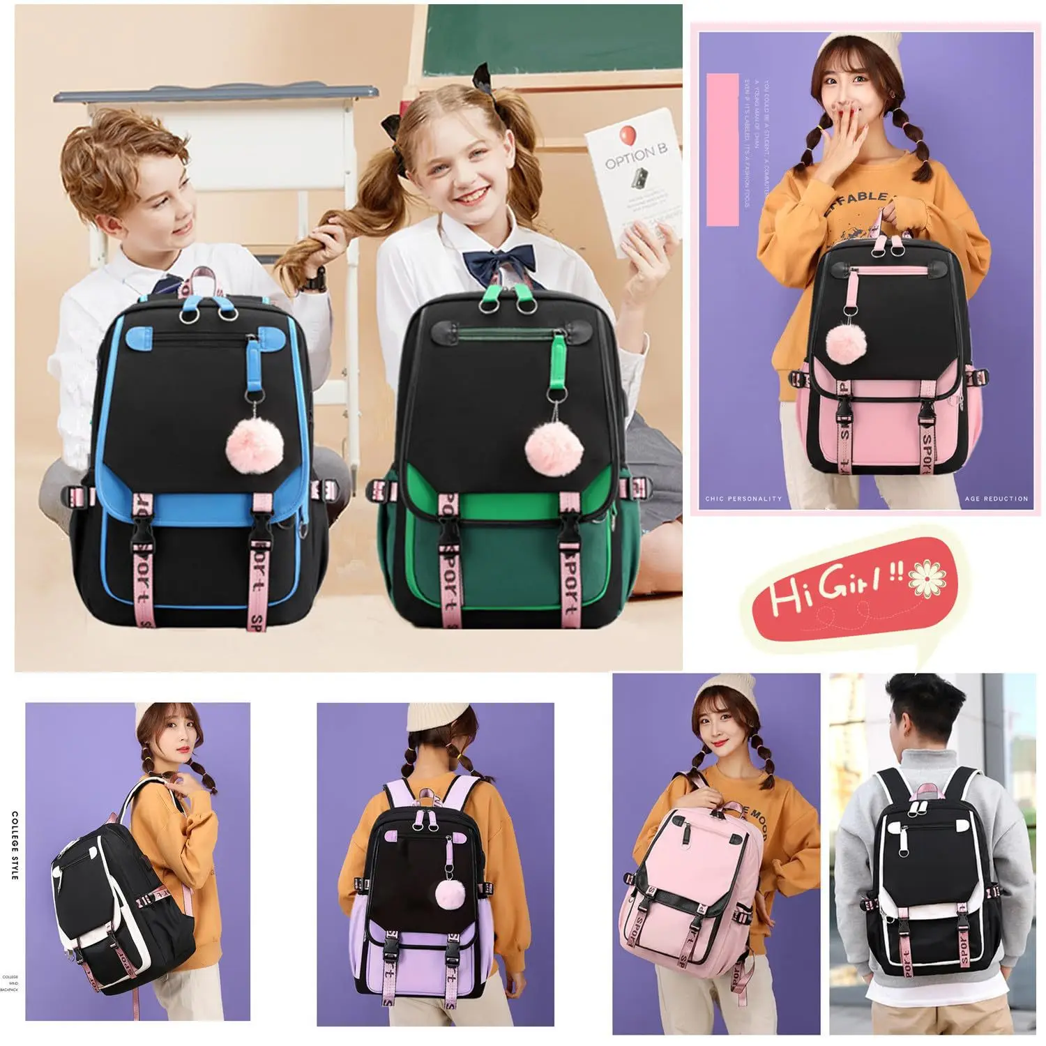 Ransel sekolah untuk anak laki-laki perempuan Bagpack tas sekolah Kawaii siswa Perguruan Tinggi tas punggung Travel modis Harajuku tas hitam merah muda