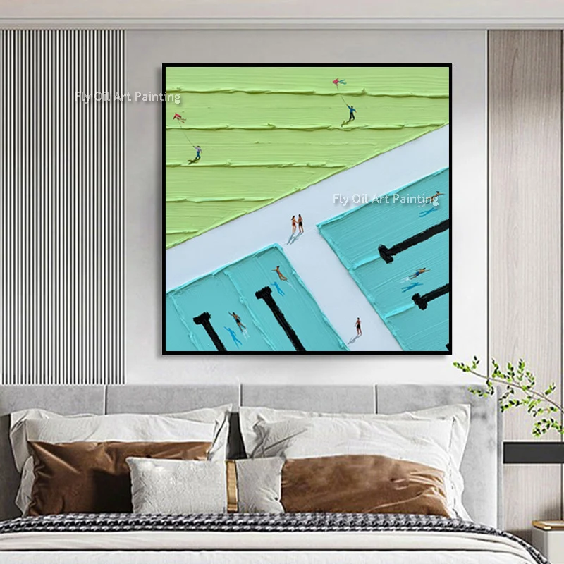 Light Green Blue White Landscape People Walking Canvas Thick Artwork New Simple Blue Red Pool Artwork Men Swimming Oil Painting