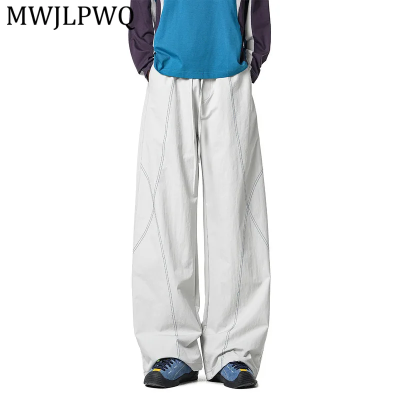 MWJLPWQ White Contrast Stitch Wide Pants Men Brave Drawstring Loose Trousers Lightweight Streetwear Y2K Outdoor Bottoms 15762