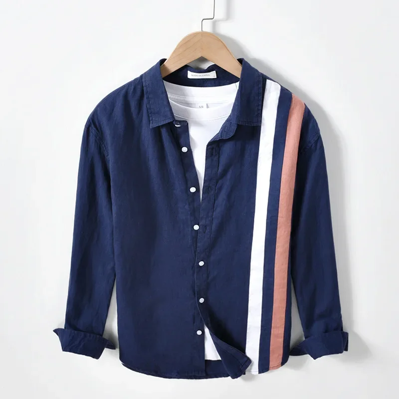 

Летняя рубашка из 100% нижнего белья, мужские корейские модные мужские рубашки с длинным рукавом, квадратные свежие полосатые дизайнерские рубашки, повседневный дышащий топ