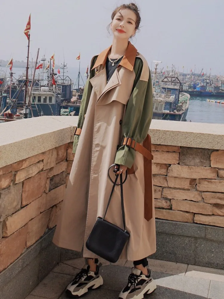 LANMREM Trench Coat Women's Chic Splicing Color Block Lapel Double Breasted Long Windbreaker Belt Coat 2024 Autumn New 2DA1718