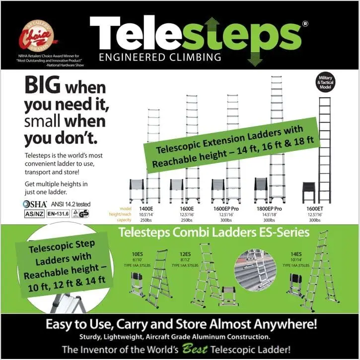 Telesteps 14Es Telescoping Ladder, Patented One-Touch Release, Osha Compliant 10 Ft, Wide Pro Step, Telescoping A-Frame