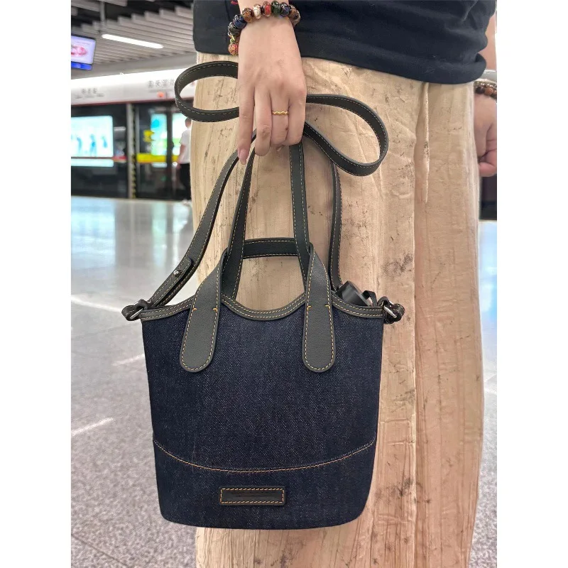 NINA ENYA 2025 Fashion Denim Basket Canvas Tote Bag Handbag Shoulder Crossbody Bag Shopping Bucket Bag