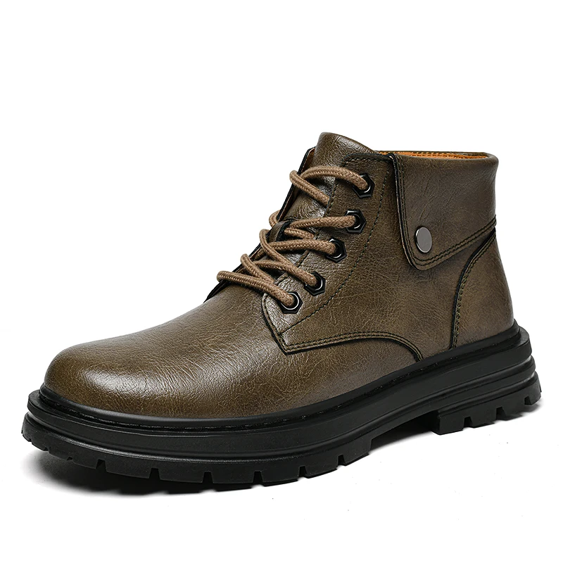 Plus Big Size 49 50 Men's Ankle Boots Leather Combat Style Platform Sole Available in Plush and Non-Plush Options