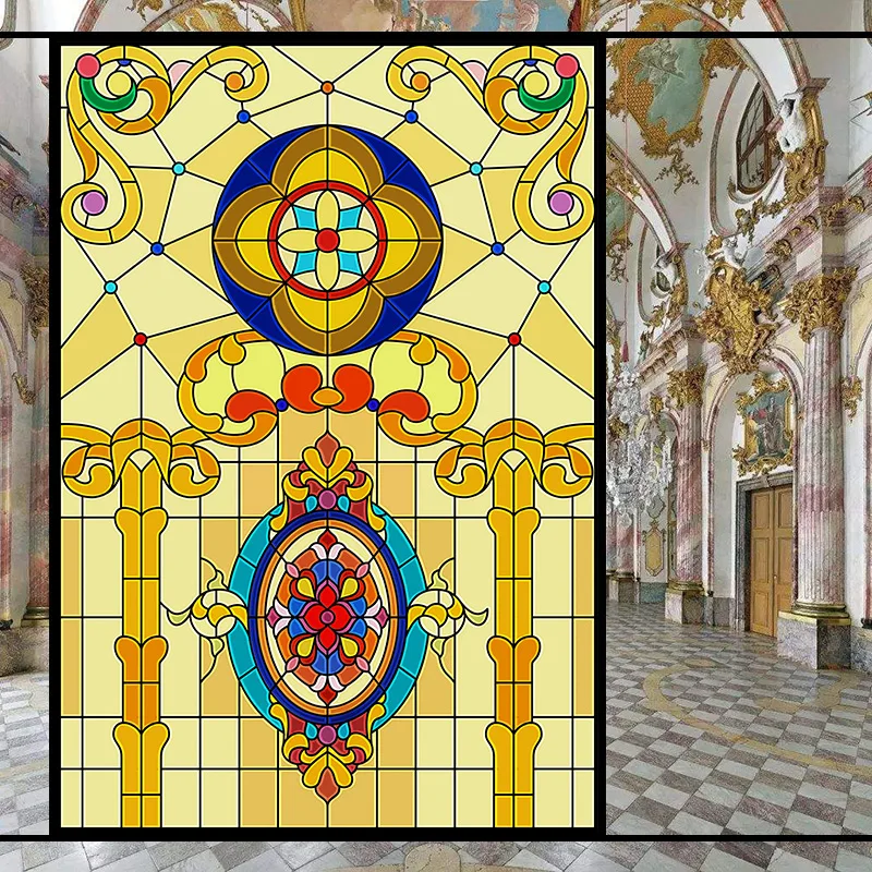 Colorful Stained Glass Window Film Opaque Frosted Privacy Protection Removable Home-Decor Church Window Covering Vintage