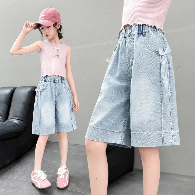 

New Summer Children Blue Denim Shorts with Lace Bow for Tween Girl Casual Knee Length Jeans Trousers Kids Cool Denim Short Pants