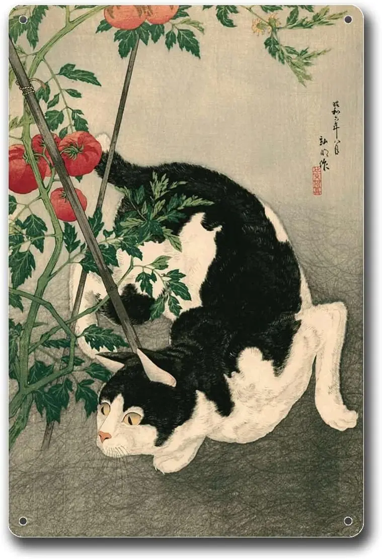 Letreros de hojalata de Metal, arte japonés, arte de gato, Animal, gato negro y planta de tomate, adecuado para el hogar, Bar, cafetería, decoración de granja, estaño S