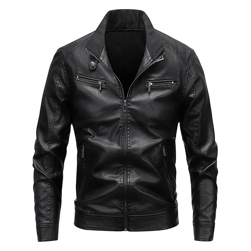 Autumn Winter Men Leather Coat Thicken Cold-proof Motorcycle Punk Man Outerwear Stand Collar Long Sleeve Zipper Male Jacket