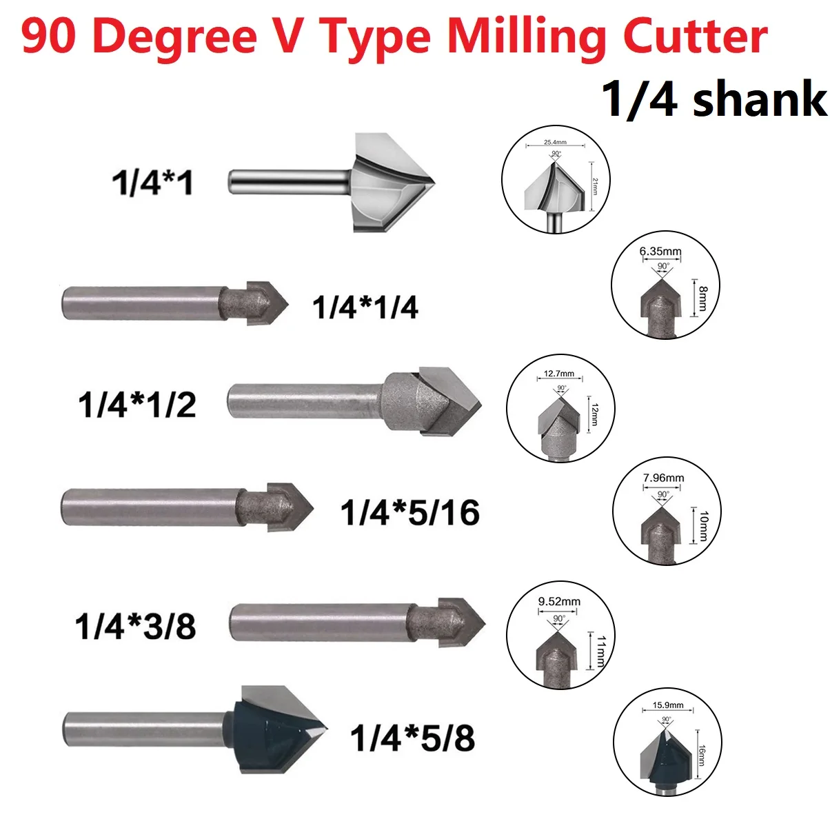 Drill Bit Router Bits High Strength Set 1/4inch 6.35mm 42-53mm 90 Degree Bevelling Solid Hardened Steel V Groove