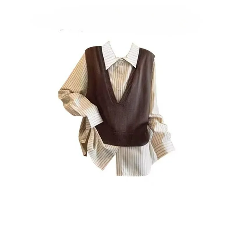 A Large-sized Autumn Stylish Set for Women Featuring Youthful Design of Vest and Striped Shirt Paired with Retro Skirt Fashion