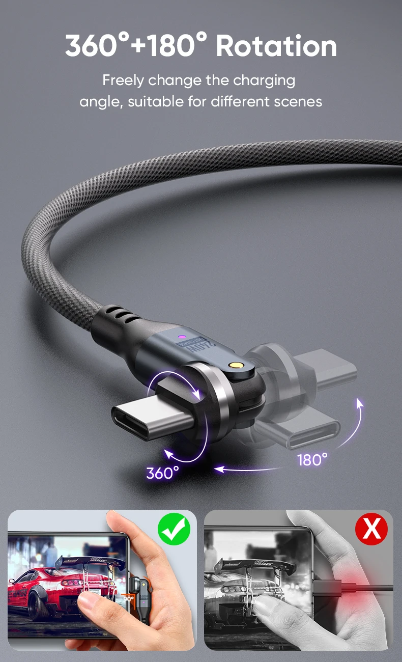 240W USB C to USB C Cable,Dual Head 540° Rotation 5A PD Fast Charging Cord,Nylon Braided Data Wire for iPhone 16,Samsung Galaxy