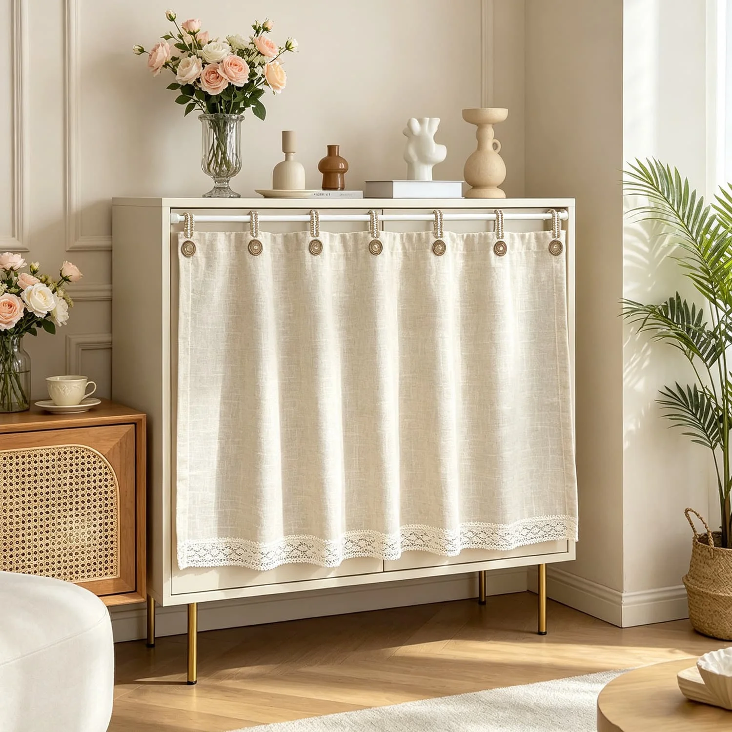 

1PC Japanese Solid Lace Short Curtain for Kitchen Cabinet Study Window Drape With Button Decoration Tab Top