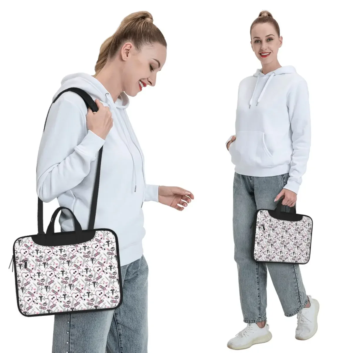 Cute Stethoscope Nurse Doctor EKG Pattern Crossbody Laptop Bag Case Computer Bag Resistant Protective Notebook Pouch for Macbook