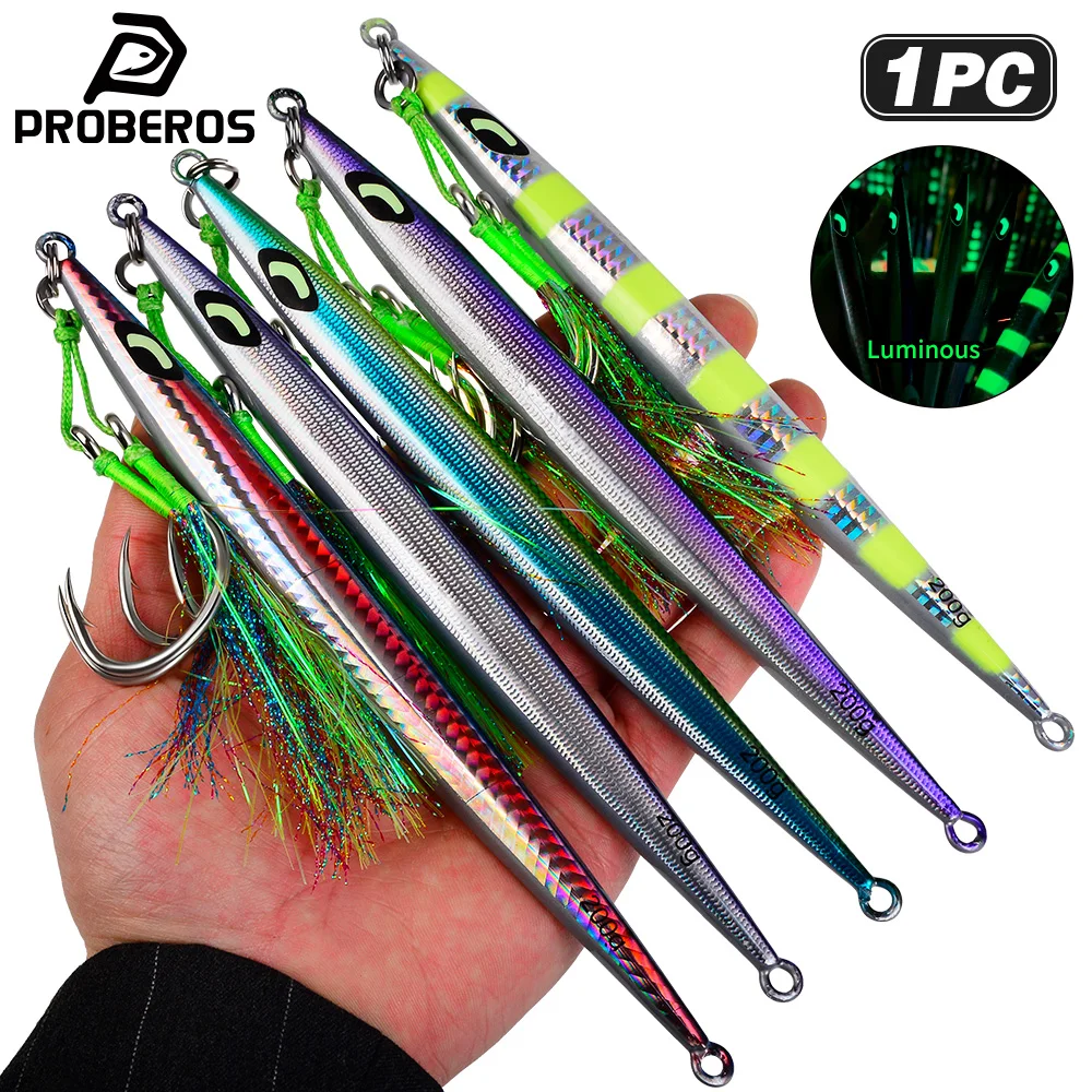 Proberos Schnell sinkende, leuchtende Metall-Jigging-Köder, 1 Stück, Simulation 3D-Fischschuppen, harter Köder, 60 g-200 g, mit Haken, Bass-Meerwasserköder
