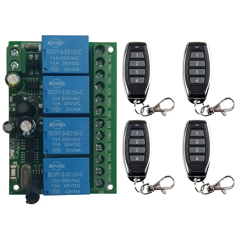 AC 110V 220V 230V 4CH 433MHz RF Remote Control Switch Wireless Radio Relay Receiver Controller for Garage Door LED Light
