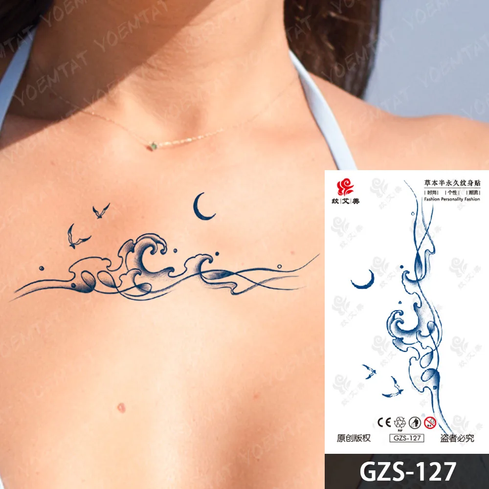 Semi-Permanent Harajuku Sea Waves Moon Waterproof Temporary Tattoo Stickers Juice Ink Lasting Tatoo Body Art Fake Tato Women Men