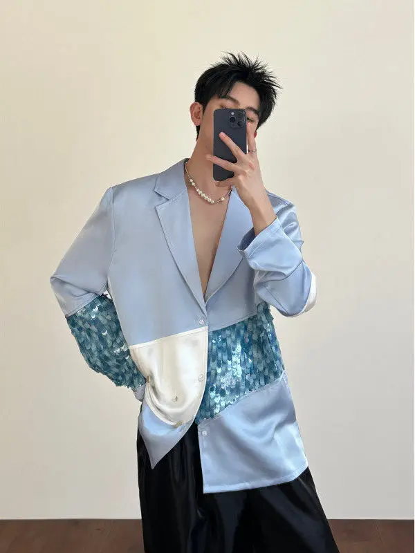 

Tangz Studio Men's Long Sve Silk Smooth Sequin Trim Splicing irt Spring Faion Casual Sle Stand Fit Polyester Fiber