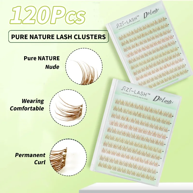 JIZI-LASH Brown Self Adhesive False Eyelashes Natural Manga Lash Clusters 120pcs DIY Individual Eyelashes Extension Tools