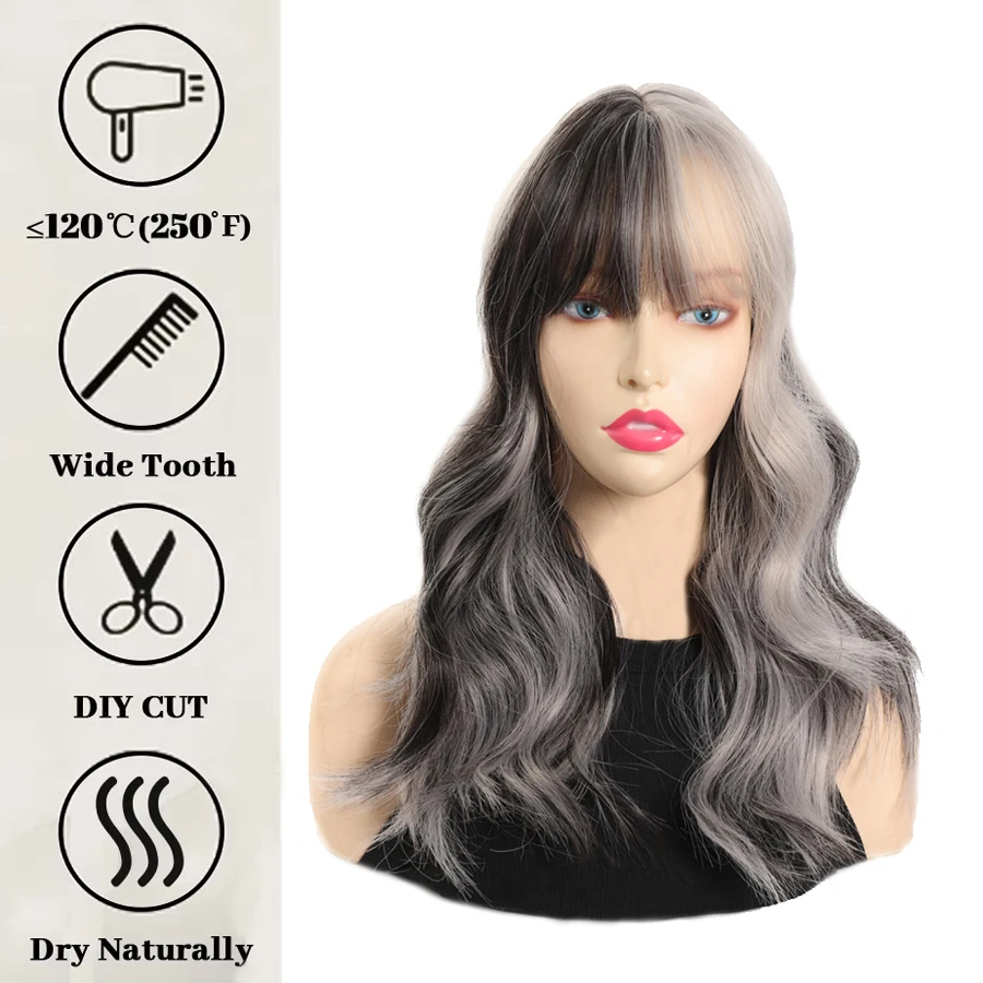 Synthetic medium Mixedblack gray wig with bangs water wave wig  cosplay Halloween wig Heat Resistant Fiber Natural Fake Hair