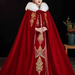 Women`Long Red Velvet Tweed Hooded Cape Poncho 2024 Winter Warm Cloak Christmas Embroidery Hanfu Cloak New Year Costume Cape