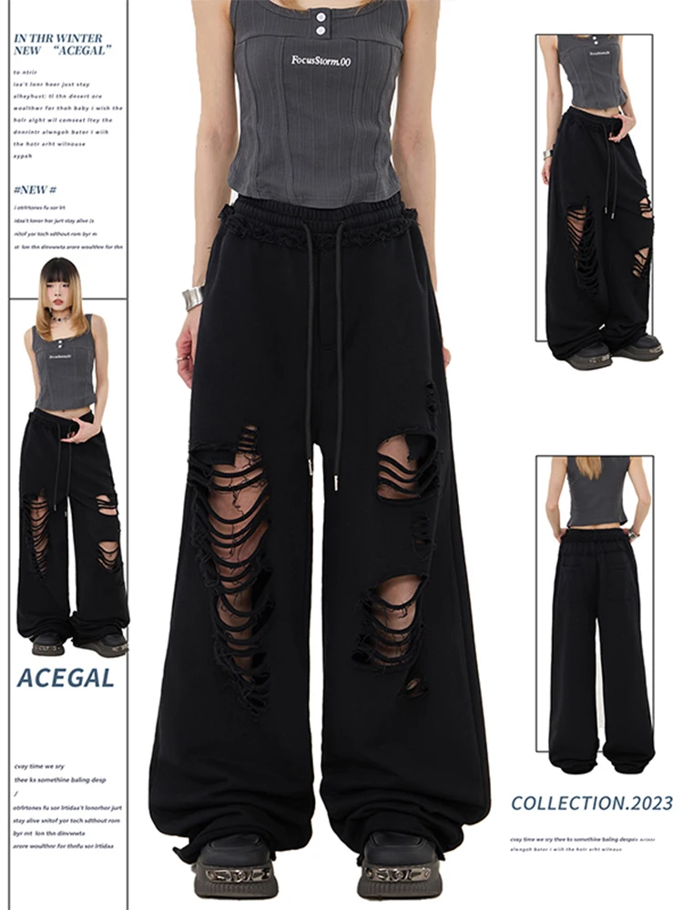 

Summer Women Goblin Core Long Trousers Gyaru Hole Joggers Pants Y2K Japanese Harajuku Baggy Grunge 2000s Baddie Abi Grunge Punk