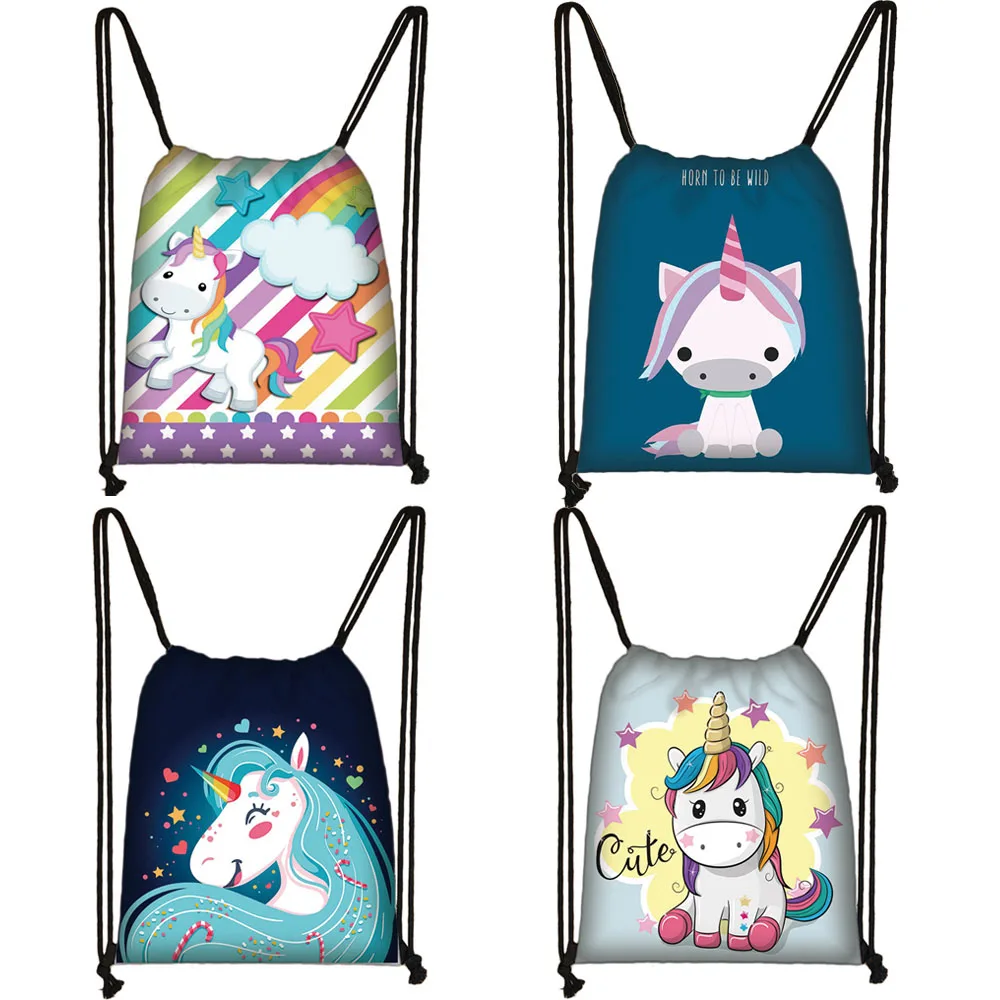 Cute Cartoon Unicorn Pony Print Drawstring Bag Boys Girls Storage Bags for Travel Kids Bookbag Women Party Bag Casual Backpack