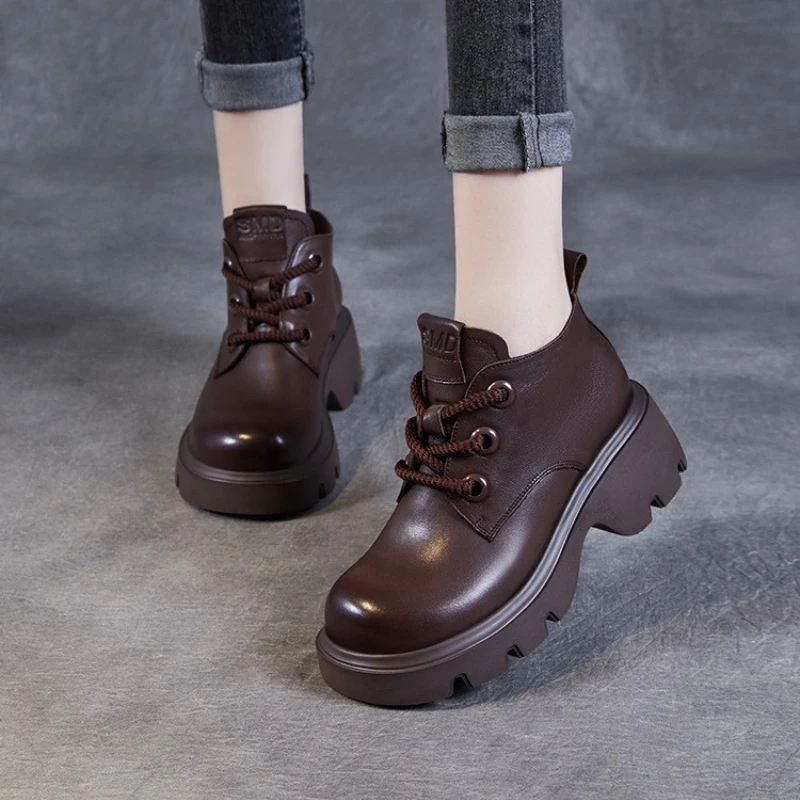 

Vintage Women's Shoes Cowhide High Heel Leather Boots Square Heel Short Plush Ankle Boots Women's Fashion Boots Casual Shoes Zm2