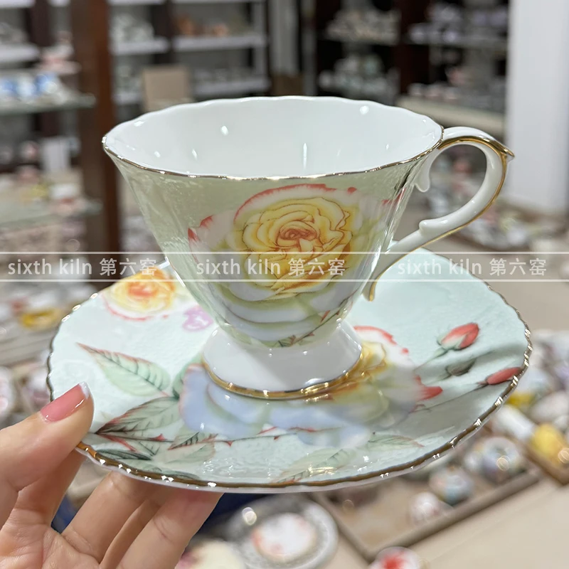 

European bone china coffee cup and plate set, goose yellow rose water cup, high-end gift cup and plate set