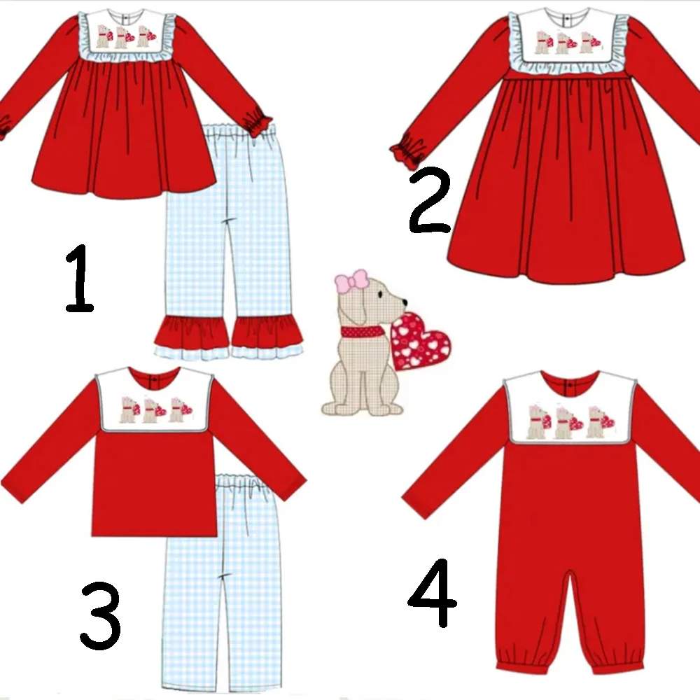 Boutique Valentine's Day Outfits for Toddlers Matching 4-Piece Set of Girls and Boys Outfits Red Top Blue Plaid Pants Dog Love P