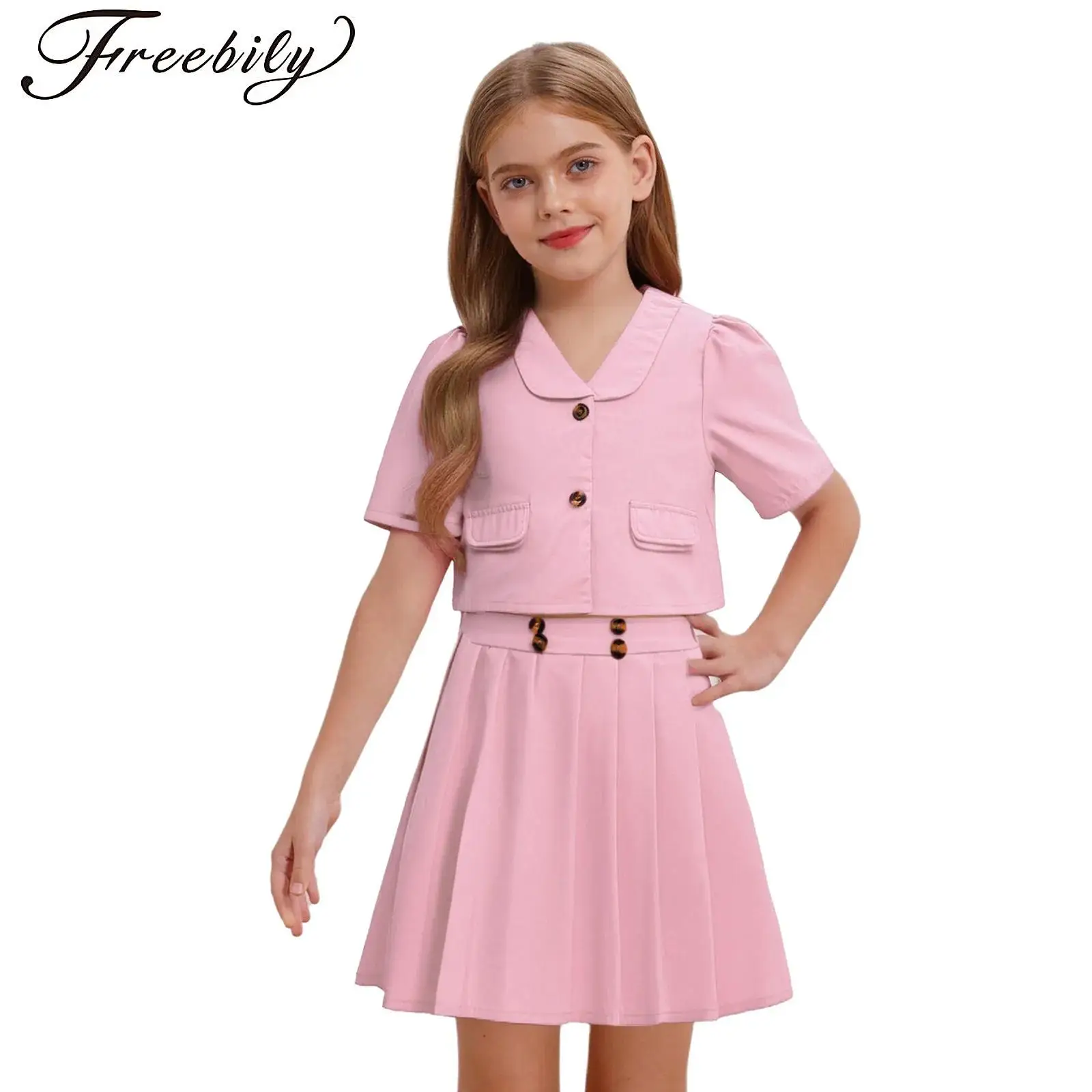

Girls 3-Piece Outfit Short Sleeve Blazer Jacket with Camisole +Pleated Skirt for Photography Wedding Pageant Birthday Party Suit