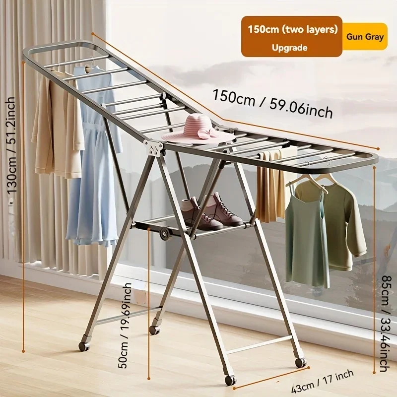 Rust-Proof Indoor/Outdoor Collapsible Dryer with Wheels，Steel Mobile Laundry Organizer with Shoe Shelf & Non-Slip Buckles