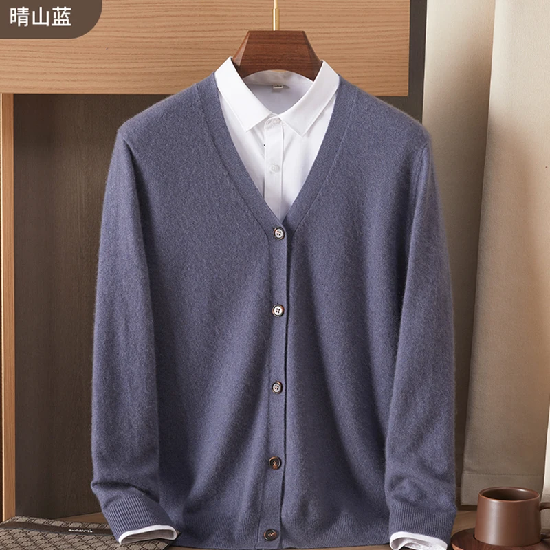 เสื้อคาร์ดิแกนแคชเมียร์คอวีผู้ชายสีแดงหนาสีทึบเสื้อกันหนาวถักเสื้อลําลองเสื้อขนสัตว์ธุรกิจ