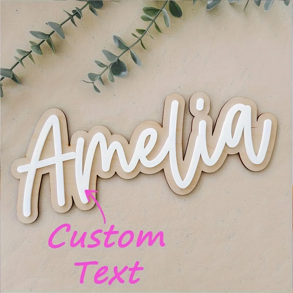 Customizable Double-Layered Wooden Name Plaque with Pink Lettering Battery-Free Wall Decor Personalized Gift for Birthday