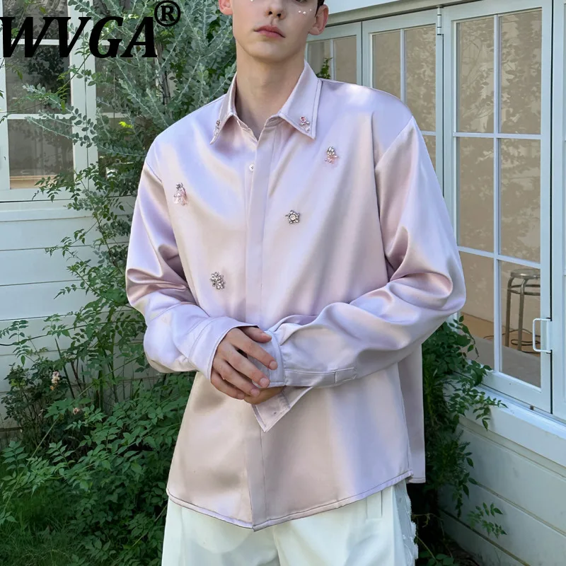 

WVGA весна осень новая мужская элитная рубашка с длинным рукавом из бисера и бриллиантов модного дизайна нишевая шикарная повседневная рубашка с отложным воротником W17877