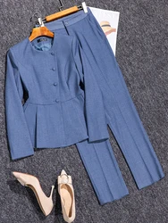 Gray Navy Black Ladies Pant Suit Formal Women Business Work Wear Solid O-Neck Blazer And Trouser 2 Piece Set For Autumn Winter