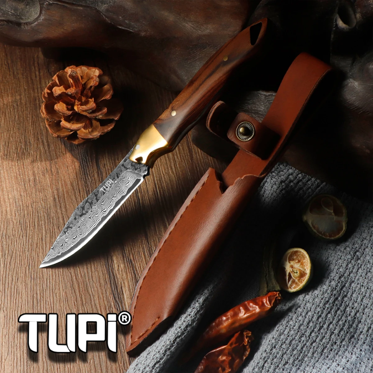 TUPI Damascus Texture Steel Outdoors Knife Outdoor Carrying Knife Sharp Pocket Knife Camping Essential Knife, With Leather Cover