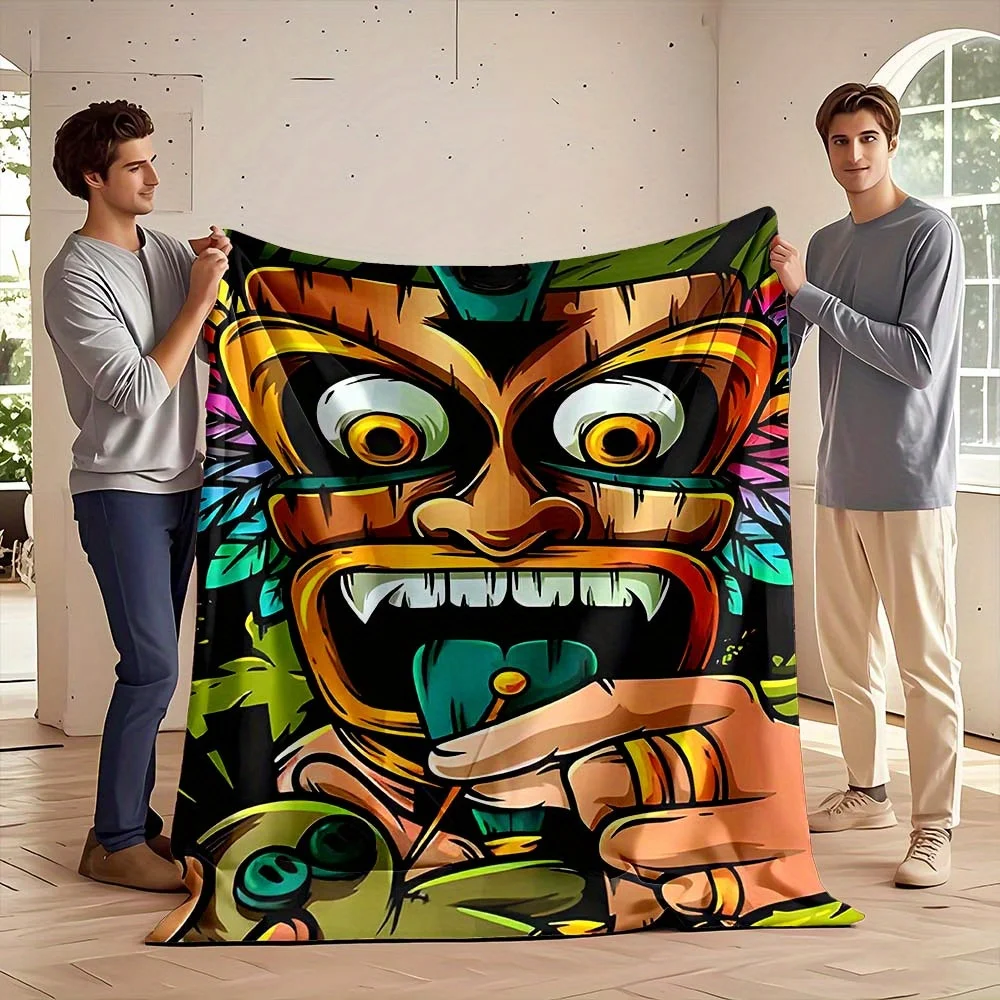 Vintage Polynesian Tiki Totem Tribal Pattern Flannel Blanket Warm Cozy Printed Throw Blanket for Living Room Bedroom Travel