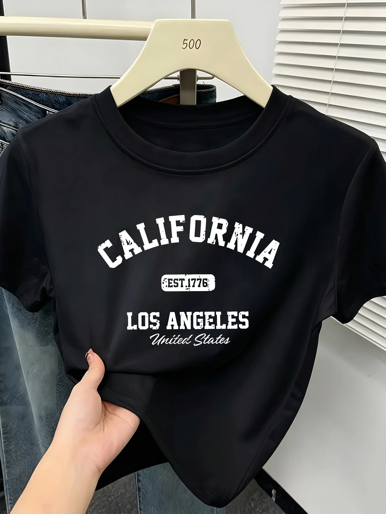 Ladies' Summer Retro 1776 California Los Angeles Letter Printed Micro Elastic Breathable 1 Round Neck T-shirt Outdoor Casual Top