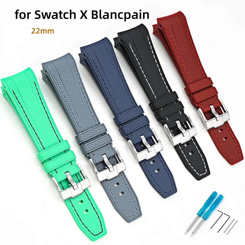 22mm Watch Strap Sport Curved End Liquid Silicone Rubber Weaving Band For Swatch X Blancpain Fifty Fathoms Five Oceans Bracelet
