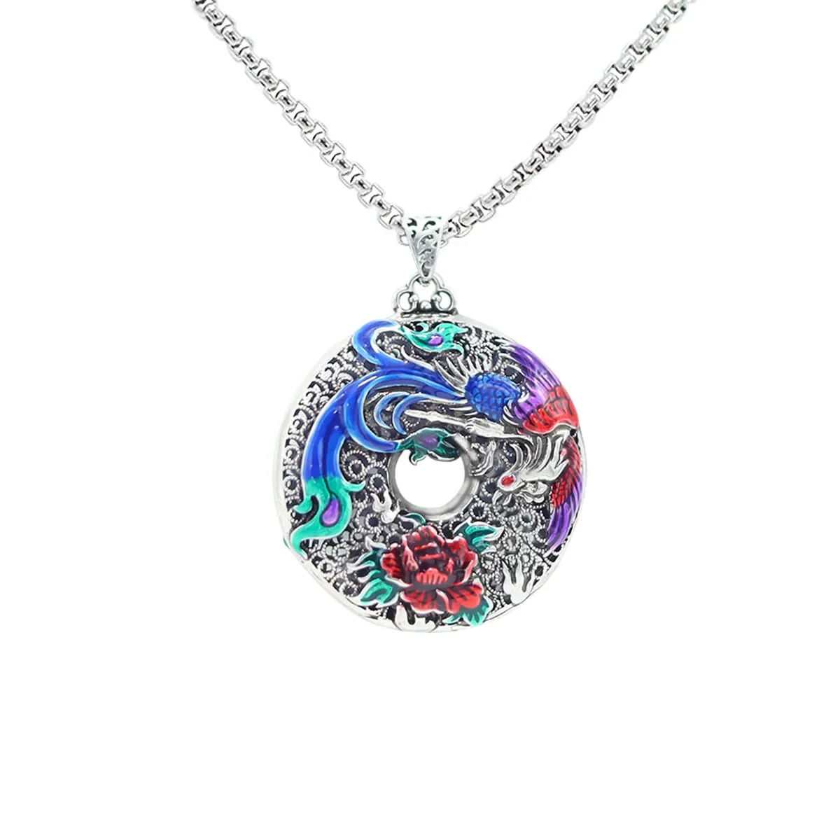 

Chinese Style Carven Phoenix Peony Flower Necklace for Women Round Hollow Out Exquisite Colorful Enamel Pendant Charms Jewelry