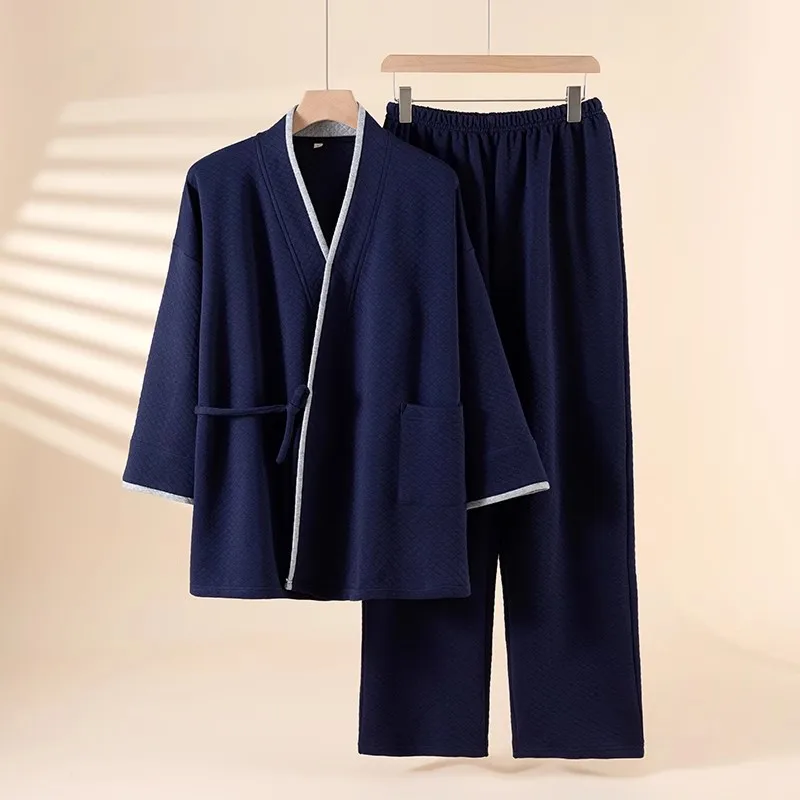 일본 기모노 슈트 남성용 100% 에어 코튼 파자마 긴 소매 바지 투피스 기모노 슈트 남성용 심플한 잠옷 투피스